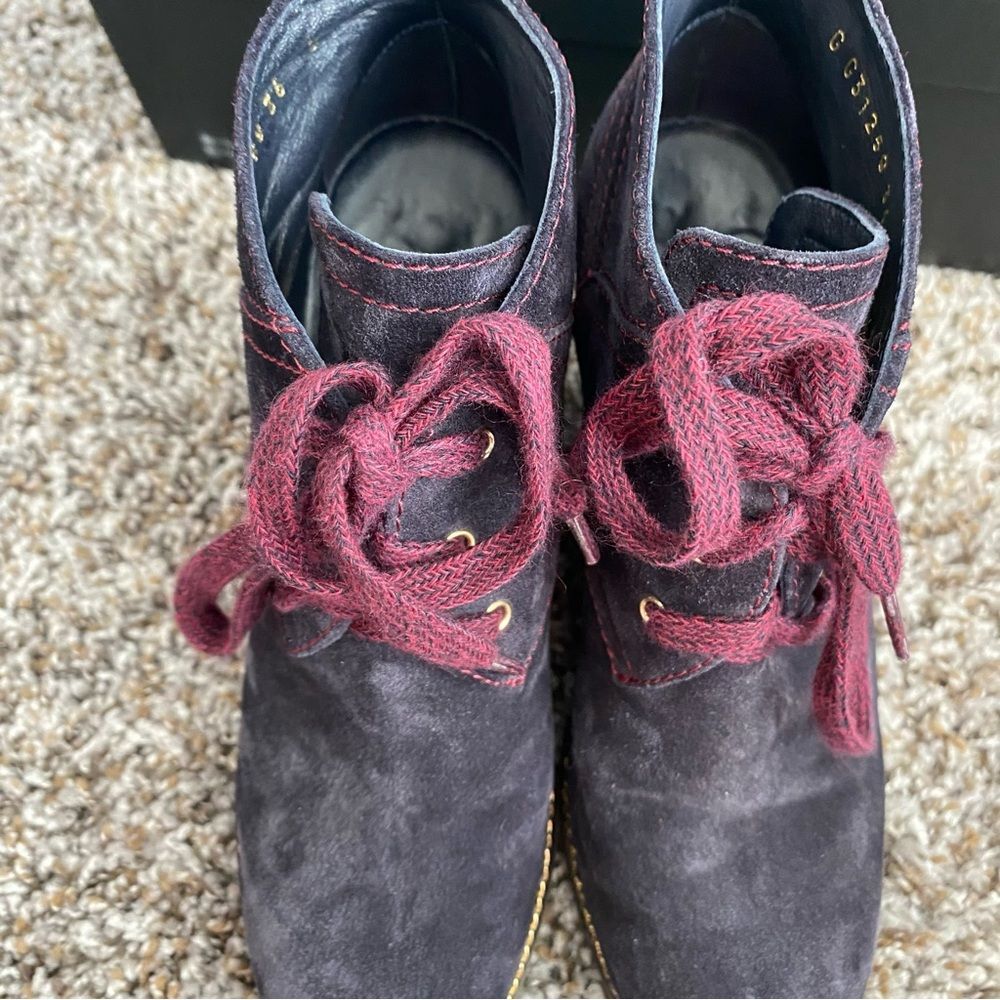 Chanel Lace Up Suede Calfskin Chain Wedge Booties - Picture 13 of 14